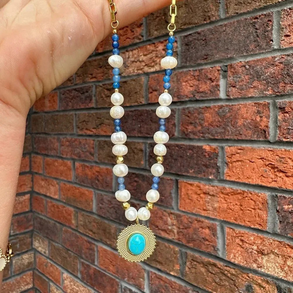 Medallion Turquoise 18K Gold Stainless Steel Waterproof Necklace - Picture 7 of 10